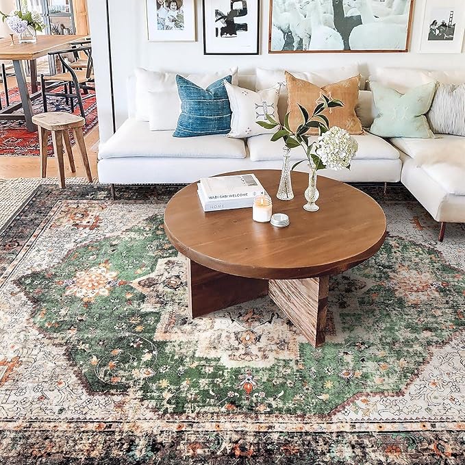 9x12 Area Rugs for Living Room Green Boho Washable Vintage Low Pile Non-Slip Large Carpet for Bedroom Dining Room