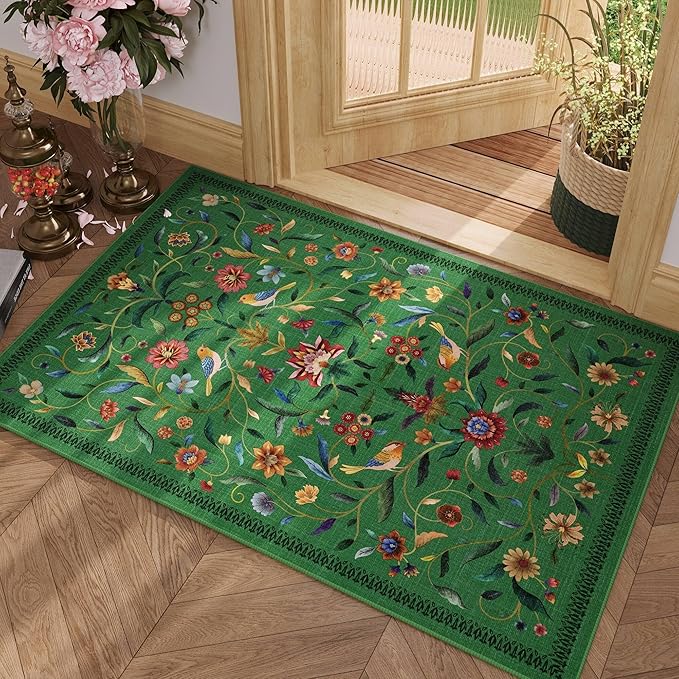 Vintage Medallion Floral Indoor Door Mat 2x3, Machine Washable Entryway Rug, Low Pile Soft Small Carpet, Non-Slip Area Rug for Entrance, Bedroom, Kitchen & Kids Room | Green
