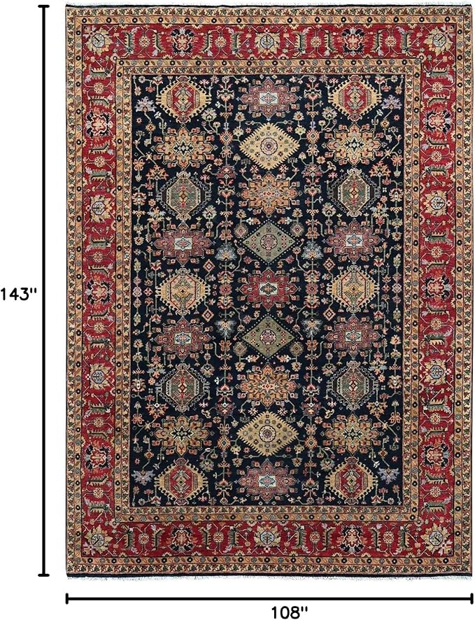 Carbon Black with Turkey Red Karjihooz Design with All Over Pattern Vegetable Dyes Pure Wool Soft Pile Hand Knotted Oriental Rug (9'x12')