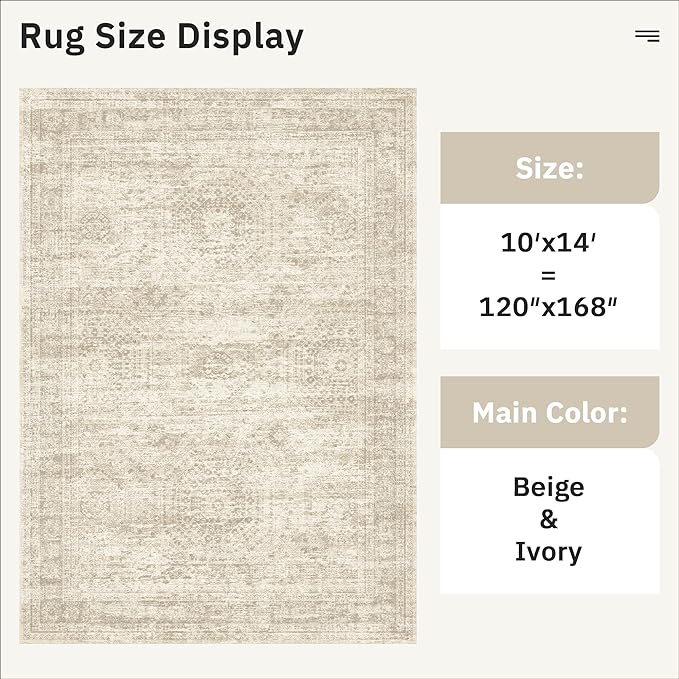 10x14 Area Rugs for Living Room, Non Slip Machine Washable Vintage Rugs, Low Pile Lightweight Large Rug for Bedroom, Dining Room, Home Office Beige