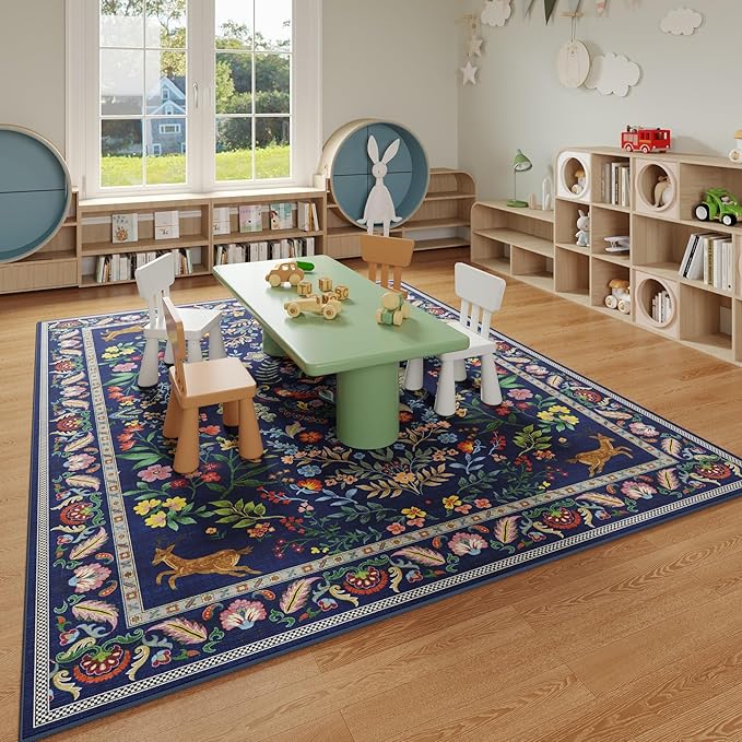 Rugcomf Living Room Rug 6x9 Rug Machine Washable Area Rug Floral Non-Slip Low Pile Large Rug for Living Room, Bedroom, Farmhouse, Dining Room, Kids Playroom(Blue)