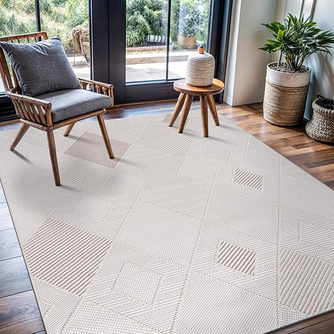 CAMILSON Micro Loop Rug 5x7 Modern Luxury Geometric Diamond Trellis Area Rugs Soft High and Low Pile Stain Resistant Easy-Cleaning Non-Shedding for Living Room Office Indoor Carpet (5 x 7 White-Beige)