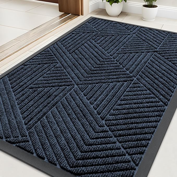 Kitinjoy Front Door Mat Outside Entrance, Sturdy Natural Dirt Trapper, Heavy Duty Rubber Doormat, Low Profile Non-Slip Backing, Easy Clean Floor Mat for Indoor Outdoor Entry, 35X23 Inch, Navy Blue