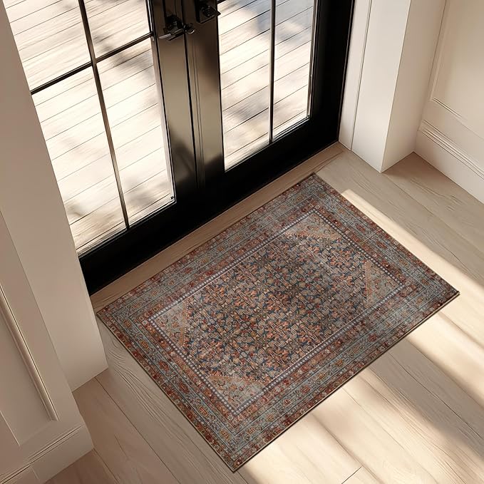 Kuden 2x3 Small Rug, Machine Washable, Non-Slip Backing, Vintage Style, Soft, Low Pile, Area Rugs for Entryway Kitchen Indoor Entrance