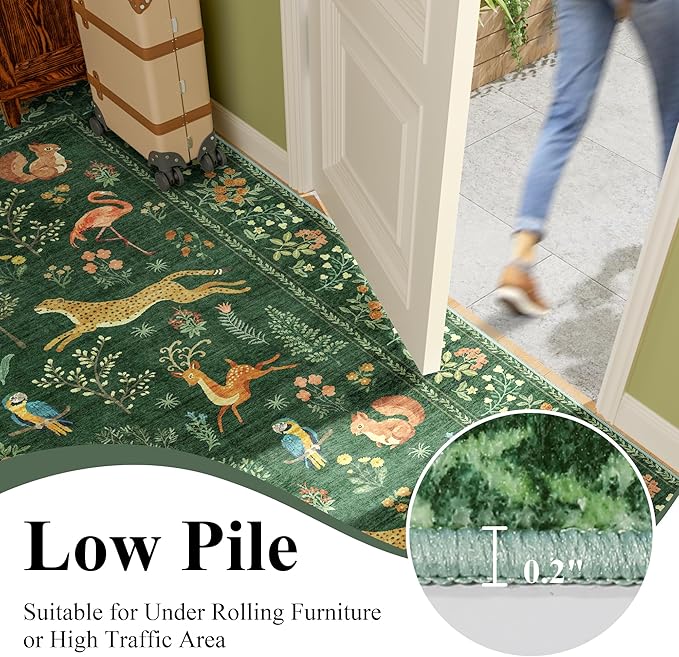 DUKINO 2.6x8 Rug for Hallway, Washable Kitchen Runner Rug with Non Slip Backing, Soft Low Pile Vintage Animal Runner for Bedroom, Kitchen, Hallway, Entryway, Laundry, Green