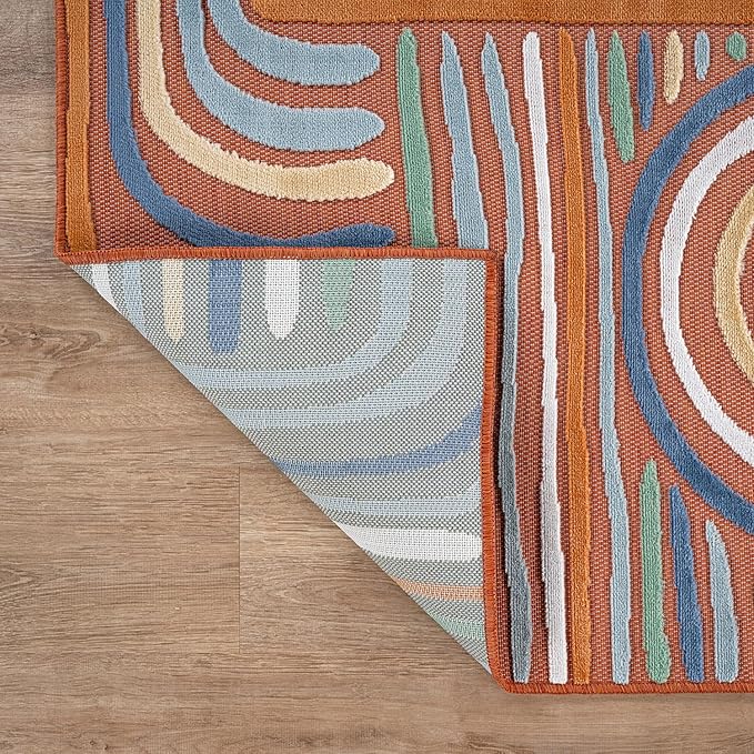 CAMILSON Indoor Outdoor Rug, Orange 8x10 Geometric Arch Striped Area Rugs for Patio and Home Areas, Easy-Cleaning Non-Shedding Living Room, Garden and Deck Washable Outside Carpet (8 x 10)