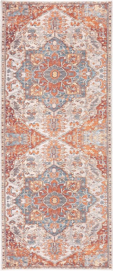 GLN Rugs Traditional Collection - Machine Washable Area Rug, Traditional Washable, Non Slip, Low Pile Chenille Rug, Living Room, Bedroom, Kitchen Rug (2'6" x 7' Cream/Terra)