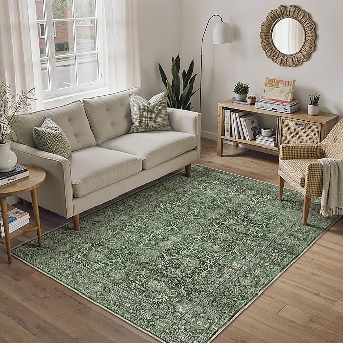 Green Area Rug 4x6 Washable Office Entryway Carpet Soft Vintage Indoor Kitchen Living Room Door Mat Traditional Retro Distressed Thicker Throw Small Rug Bedroom Dining Room Bathroom