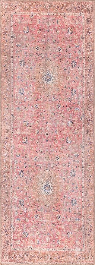 GLN Rugs Traditional Collection - Machine Washable Area Rug, Traditional Washable, Non Slip, Low Pile Chenille Rug, Living Room, Bedroom, Kitchen Rug (2'6" x 10' Pink/Cream)