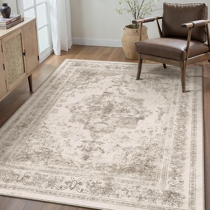 Area Rug 5x7 Beige Washable Living Room Carpet Non Slip Vintage Medallion Low Pile Soft Indoor Bedroom Retro Distressed Indoor Rug for Kitchen Home Office Laundry Dining Room