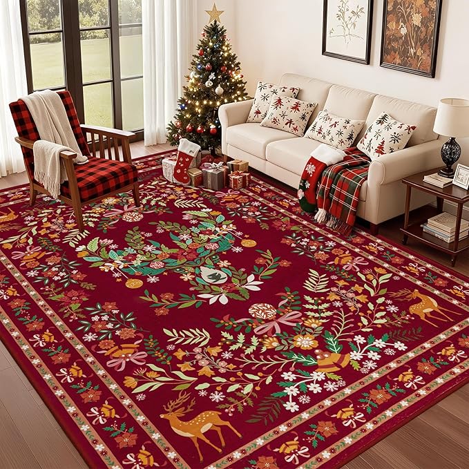 9x12 Area Rugs Living Room Rug: Christmas Washable Rug Floral Soft Carpet Indoor Floor Non-Slip Boho Stain Resistant Large Carpets for Bedroom Kids Nursery Dining Room Farmhouse Home Office Red