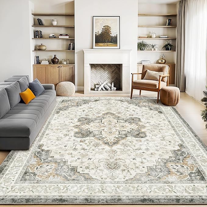 Marsail 8x10 Washable Area Rug, Soft & Slip-Resistant Large Area Rug with Reinforced Bound Edges, Vintage Short-Pile Washable Rug with Floral Pattern for Living Room, Dinning Room and Bedroom, Brown