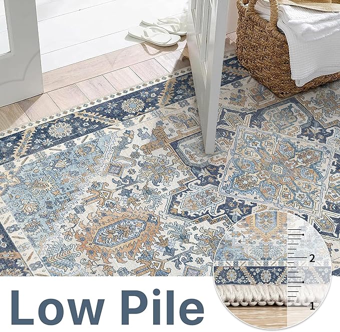 5x7 Area Rug Machine Washable Boho Rug for Living Room,Ultra-Thin Low Pile Carpet,Lightweight Indoor Printed Rug,Non Slip Floral Area Rug for Bedroom, Dining Room, Home Office,Blue