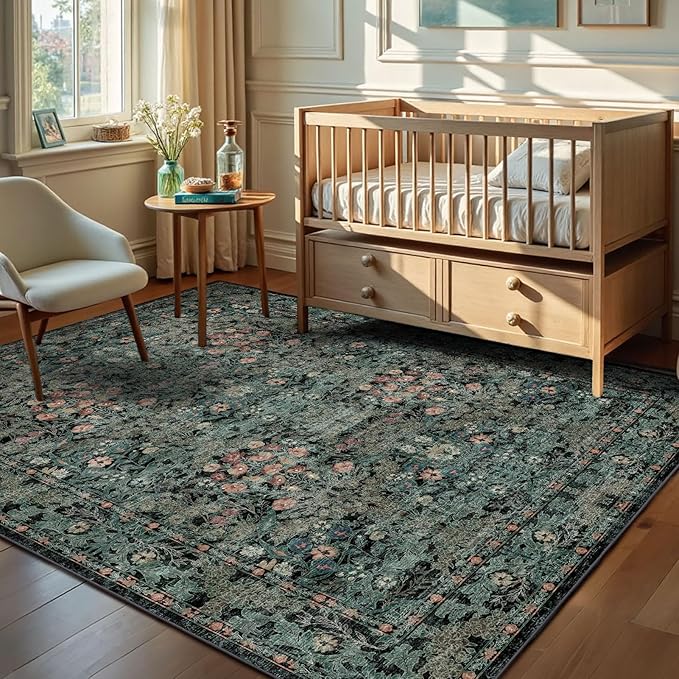 Farmhouse Dark Green Dining Room Rugs for Under Table - 6x9 Washable Cottagecore Distressed Low Pile Non Slip Flora Rug for Living Room, Bedroom, Nursery, Home Office - Soft Boho Moody Accent Mat