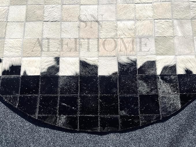 Round Geometric Patchwork Cowhide Leather Area Rug (4×4 ft) – Non-Slip Modern Faux Cowhide Carpet for Living Room, Bedroom, Kids Playroom, Lounge, Office & Home Decor (Black & White)