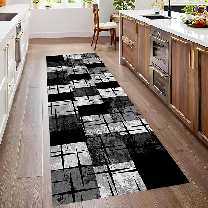 Distressed Checkered Runner Rugs, 3.3x10ft, Washable Runner Rug with Rubber Backing, Soft Vintage Geometric Black Grey Floor Carpet for Front Door Home Office