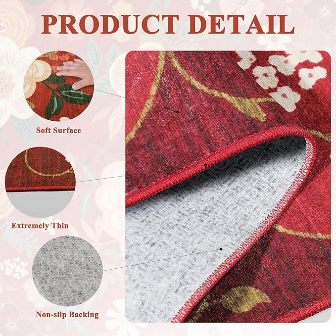 DUKINO 2x6 Runner Rug for Hallway, Washable Kitchen Runner Rug with Non Slip Backing, Low Pile Soft Boho Floral Runner for Kitchen, Hallway, Entryway, Laundry, Bedroom, Red