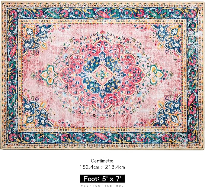 5x7 Area Rugs Pink Boho Rug for Living Room Vintage Rug Non-Slip Washable Low Pile Foldable Large Rugs for Bedroom Dining Room Indoor Floor Carpet