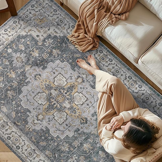 jinchan Area Rug 5x7 Vintage Washable Bedroom Rug Floral Medallion Lightweight Non Slip Thin Retro Classic Soft Boho Floor Cover Farmhouse Carpet for Living Room Dining Room Kitchen Grey