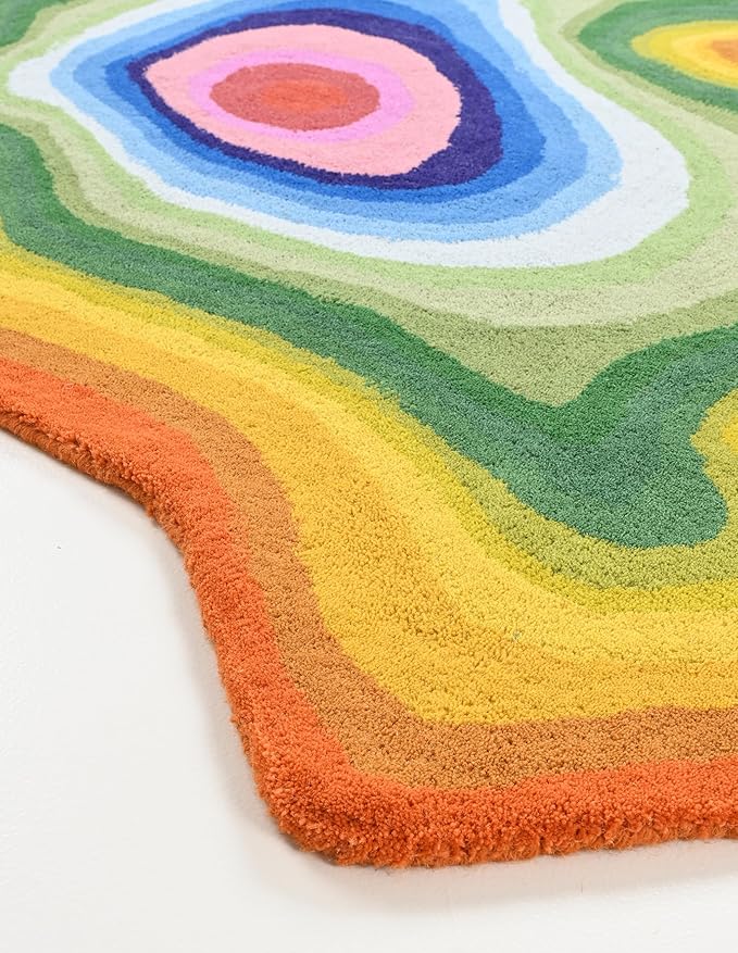 Irregular Shaped Handmade Wool Area Rug | Modern Colourful Stripe Premium Carpet | Perfect for Living Room, Bedroom, Dining Room & Home Decor (Rainbow, 3x3 ft)