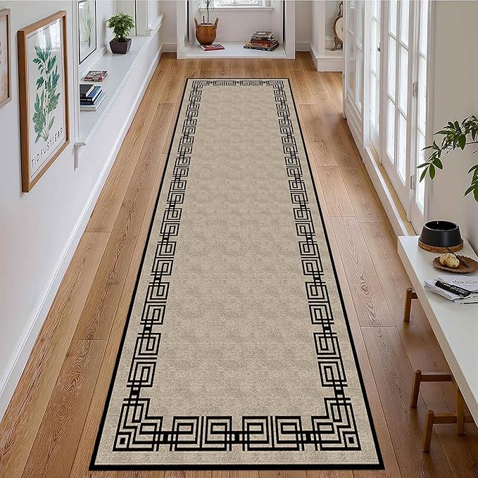 Vintage Tribal Hallway Rugs, 2.6x10ft, Southwest Brown Rustic Native Ethnic Greek Key Pattern Carpet Runners, Ultra-Thin Foldable Low Pile Distressed Rug for Dining Room Lounge