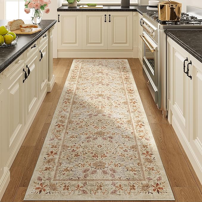 DOKINO 2x10 Runner Rug for Hallway, Vintage Washable Long Kitchen Rug with Low Pile Design, Floral Non Slip Soft Carpet Runner for Hallway, Kitchen, Bathroom, Bedroom, Beige