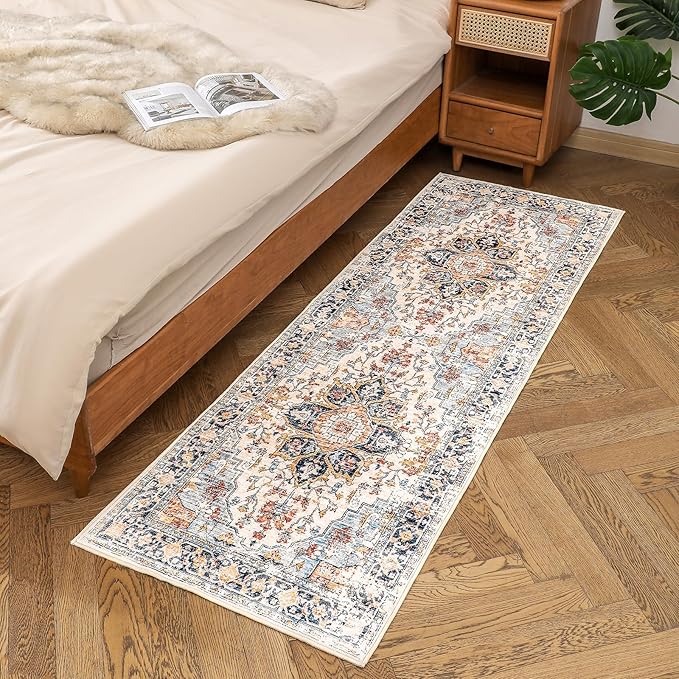 VK VK·LIVING Machine Washable Rug 2'x6' Vintage Design Washable Runner Area Rugs with Non Slip Rugs for Living Room Bedroom Traditional Woven Carpet Stain Resistant Dining Boho Rug (Blue&Orange)