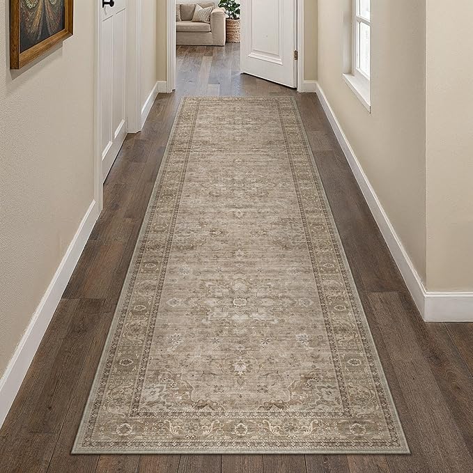 HUGEAR Washable Hallway 2x8 Runner Rugs Retro Brown Vintage Distressed Non Slip Stain Resistant Low Pile Neutral Throw Carpet for Bedside Kitchen Entryway Home Decor