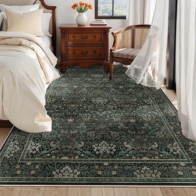 5x7 Floral Washable Area Rug for Living Room, Vintage Boho Large Rug for Bedroom Dining Room， Distressed Botanical Birds Non Slip Low Pile Forest Animal Throw Carpet for Farmhouse Office, Dark Green