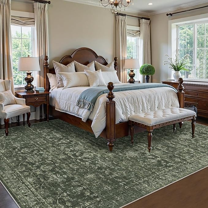 Washable Area Rug 8x10 Green Rugs for Living Room, Vintage Boho Large Rug for Bedroom Dining Room Office, Distressed Floral Print Carpet for Under Table, Soft Non Slip Low Pile Throw Carpet Indoor Mat