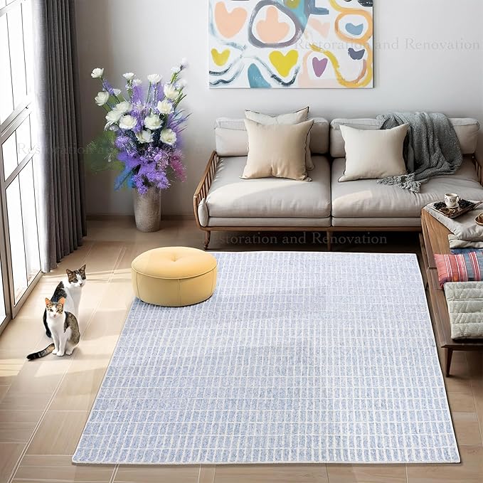 Hand-Tufted 100% Wool Area Rug – Unique Modern Geometric Grid Pattern, Soft Plush Textured Carpet for Living Room, Bedroom, Dining Room & Entryway (Blue, 8' x 8' sq)