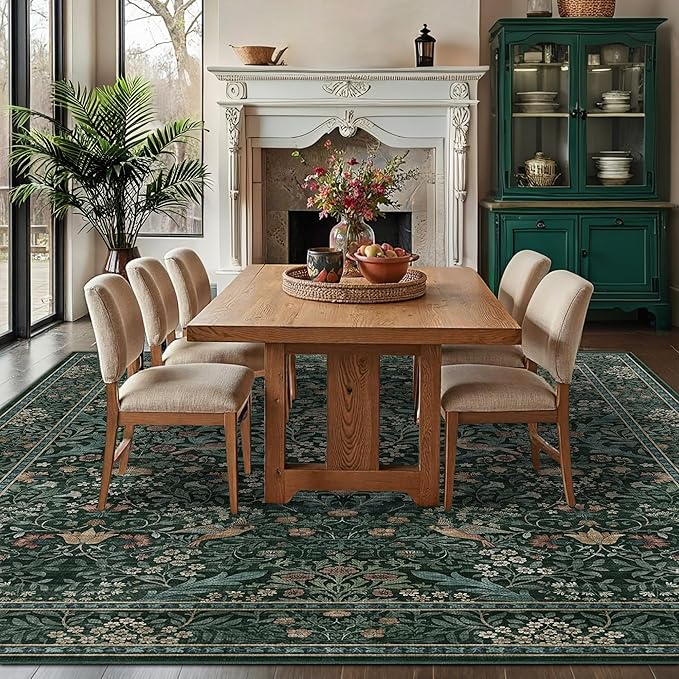 9x12 Floral Washable Area Rug for Living Room, Vintage Boho Large Rugs for Bedroom Dining Room, Botanical Birds Non Slip Low Pile Forest Throw Carpet for Farmhouse Office, Retro Green/Blue