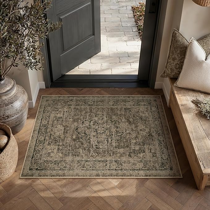 Entryway Area Rug 2x3 Brown Vintage Distressed Indoor Carpet Oriental Soft Thin Small Door Mat Non Slip Low Pile Throw Rug for Entrance Bathroom Bedroom Kitchen Laundry
