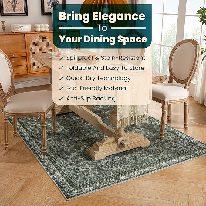 Istana 5x7 Area Rug - Dark Green Rugs for Living Room 5x7 - Foldable Rugs for Bedroom - Stain Resistant Washable Rug - Eco-Friendly Boho Area Rugs - Easy to Clean Living Room Rug