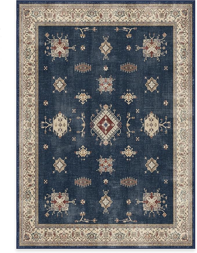 RUGGABLE Washable Vintage Area Rug – Verena Sapphire 5x7, Stain-Resistant, Non-Slip – Medium Machine Washable Rugs for Living Room, Bedroom, Hallway, Entryway & Office–with Cushioned Pad