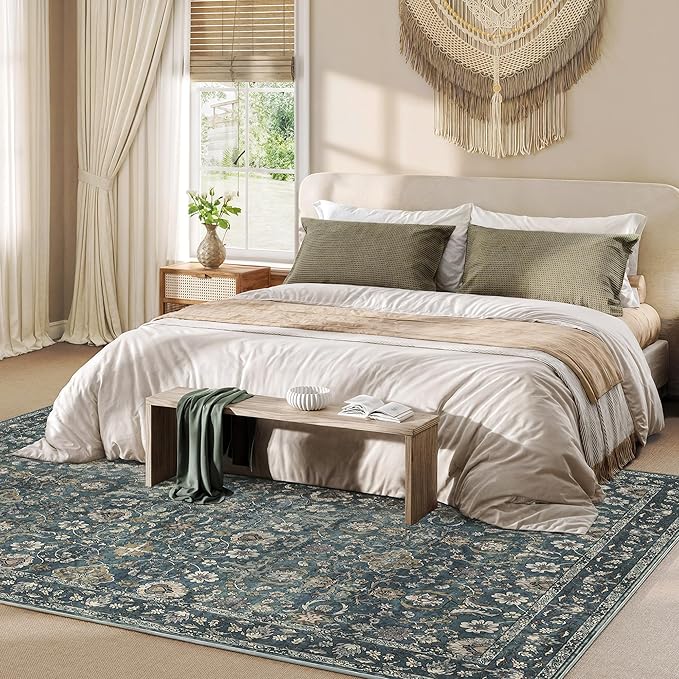 6x9 Rugs for Living Room, Soft Large Area Rugs Blue Washable Rug, Indoor Vintage Rugs for Bedroom Home Office Laundry, Rubber Backed Non Slip Low Pile Carpet, Deep Blue