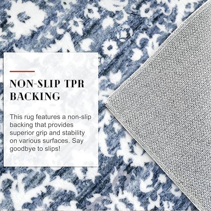Hallway Runner Rug, Light Blue White Washable Runner Rug 2x8 Vintage Floral Kitchen Rug Runner Non Slip Thin Printed Faux Wool Super Soft Carpet for Entryway Bedroom Laundry Room Indoor