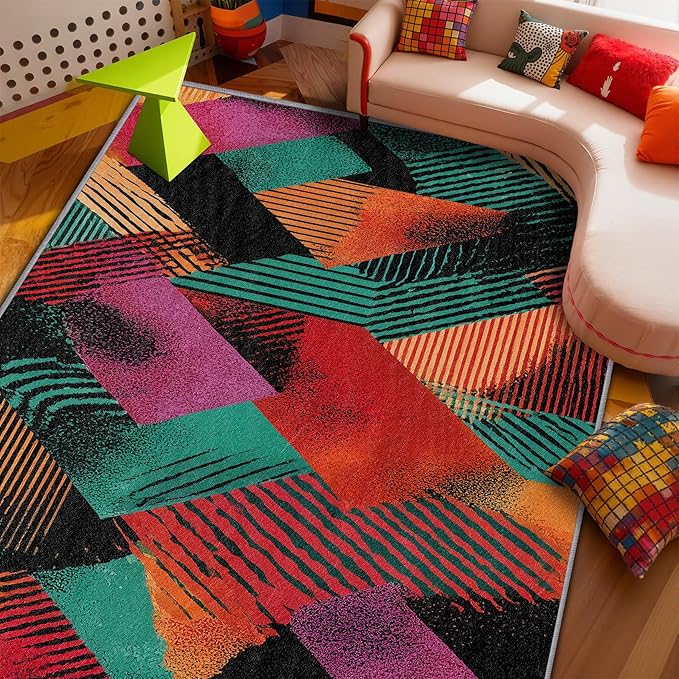 Geometric Rugs for Living Room - Colorful Patchwork Area Rugs 7x10, Abstract Retro Aesthetic High Traffic Lightweight Extra Large Carpet Home Decor #C038