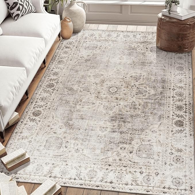 ReaLife Rugs Machine Washable Area Rug - Stain Resistant,Non-Shed - Eco-Friendly,Non-Slip, Family & Pet Friendly - Made from Premium Recycled Fiber - Vintage Bohemian Medallion - Beige Ivory, 3' x 5'