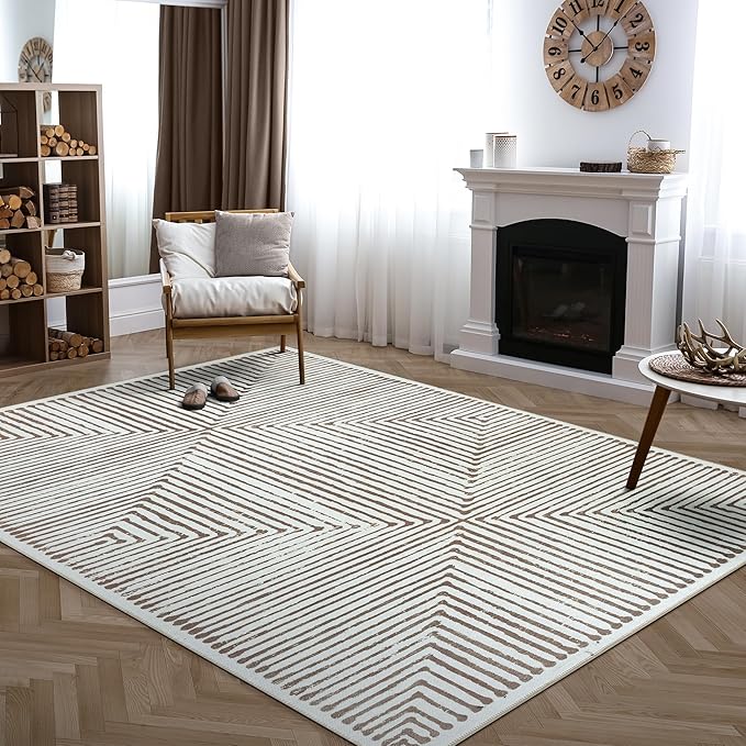 Bloom Rugs Washable Non-Slip 9' x 12' Rug - Brown Striped Area Rug for Living Room, Bedroom, Dining Room, and Kitchen - Exact Size: 9' x 12'