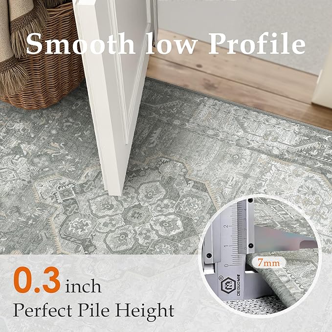 2x6 Grey Washable Vintage Runner Rug for Living Room Bedroom Non Slip Distressed Traditional Soft Runner Rug Low Pile Lightweight Floral Runner Kitchen Hallway Entrance