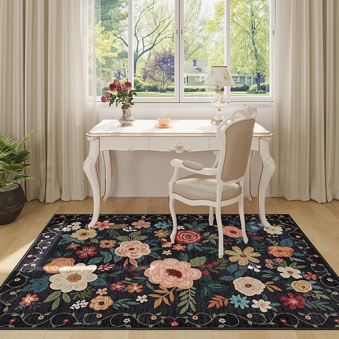 DUKINO 3x5 Area Rug, Floral Rugs for Living Room, Lightweight Non Slip Washable Rug, Indoor Low Pile & Non-Shedding Boho Design Rugs for Bedroom, Living Room, Dining Room, Black