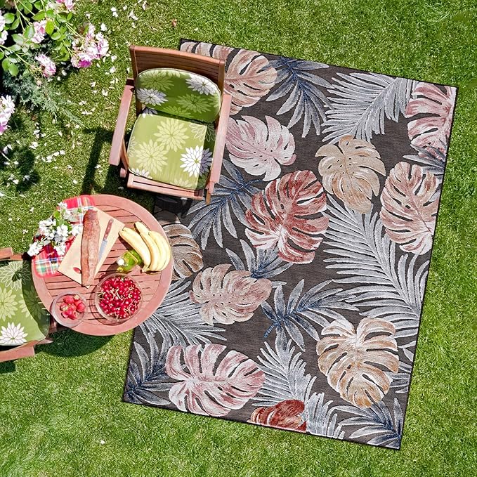 CAMILSON Indoor Outdoor Rug, Brown 4x6 Leaf Tropical Botanical Area Rugs for Indoor and Outdoor patios, Easy-Cleaning Non-Shedding Living Room, Garden and Kitchen Washable Outside Carpet (4 x 6)
