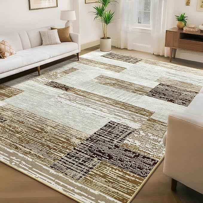Large Area Rugs,Modern Geometric Patchwork Floor Decor for Bedroom Aesthetic Carpet, Rockwood Collection, Indoor Rugs for Living Room, Dining Room, Nursery, Office, Machine Washable Rug,6x9 Ft Beige