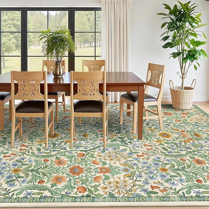 9x12 Grass Green Vintage Floral Area Rug,Washable Large Boho Living Room Rugs,Botanical Print Non-Slip Stain Resistant Lightweight Carpet for Bedroom Dining Room Nursery