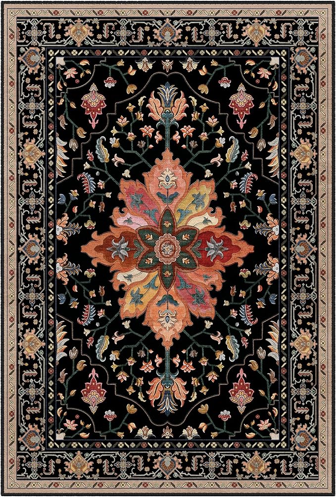 Area Rugs 3'x9' Washable Non-Slip, Floral Vintage Distress Print Pattern Medallion Carpet for Living Room Bedroom Dining Room, Black Colorful Floral Dark Tan