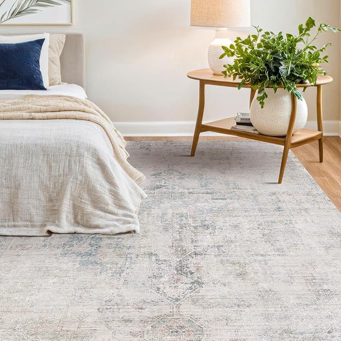 Farmhouse Dining Room Rugs for Under Table - 8x10 Washable Light Blue Area Rug for Living Room, Bedroom, Waterproof & Stain Resistance
