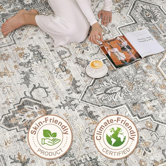10x12 Area Rug Living Room: Washable Boho Large Neutral Vintage Soft Rugs Stain Resistant Distressed Farmhouse Non-Slip Indoor Floor Carpet for Bedroom Nursery Kids Office Dining Room- Taupe