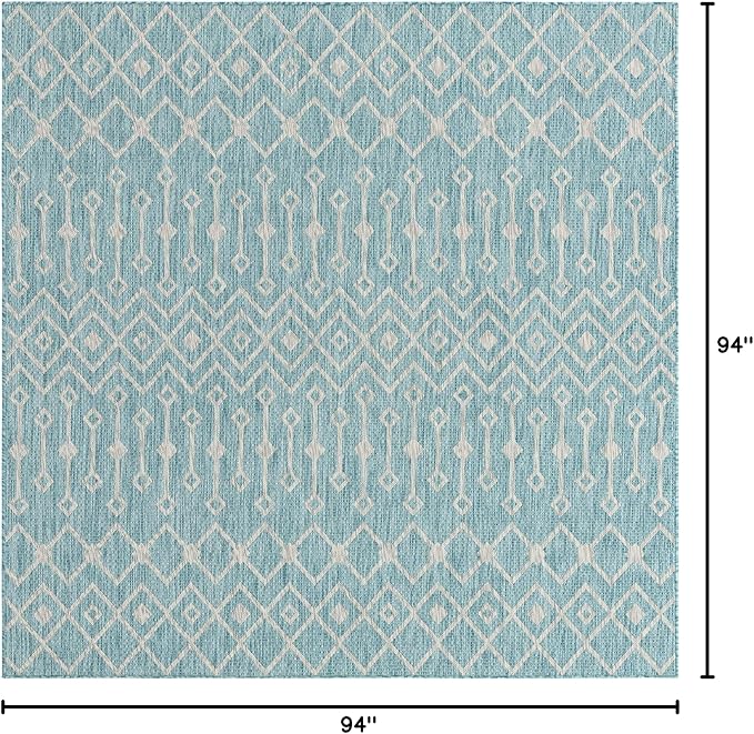 Unique Loom Outdoor Trellis Collection Area Rug - Tribal Trellis (7' 10" Square, Aqua/ Ivory)