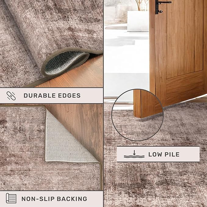 Large Entryway Rug Washable - Warm & Retro Décor, Brown with Red Accent Rug for Mudroom, Foyer, Hall, Living Room, Washable Low Pile Stain Resistent